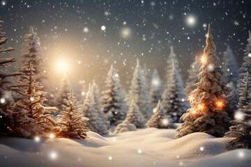 Fototapeta na wymiar Christmas tree and snowfall in vintage style. Beautiful forest in snow landscape. Christmas and New Year holidays background.