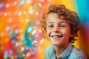 Obraz na płótnie Canvas happy smiling child boy on colorful background with rainbow soap balloon with gradient