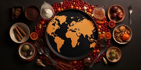 Table with a world map in the center and various foods around, concept of food from different countries, Generative AI - obrazy, fototapety, plakaty