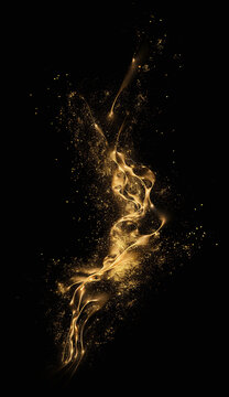 A swirl of gold sparkles with glitter effect on a black background. A carousel made of golden dust creating a festive and enchanting holiday atmosphere. Vertical banner for Christmas holidays New year