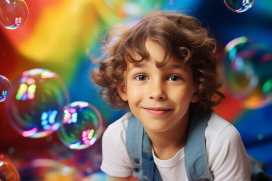 happy child boy on colorful background with rainbow soap balloon with gradient