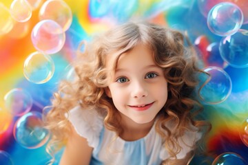 Obraz na płótnie Canvas happy child girl on colorful background with rainbow soap balloon with gradient