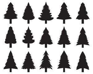 Christmas tree icons, black silhouettes on a white background	