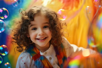 happy smiling child girl on colorful background with rainbow soap balloon with gradient