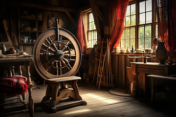A vintage spinning wheel sits in a cozy cottage interior, framed by warm lighting and rustic decor - obrazy, fototapety, plakaty