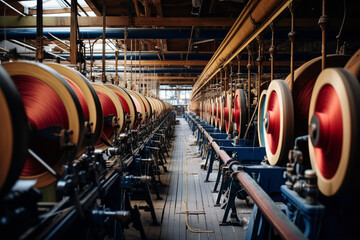 A spinning wheel in motion inside a textile factory, with spools of thread and other machinery in the background - obrazy, fototapety, plakaty