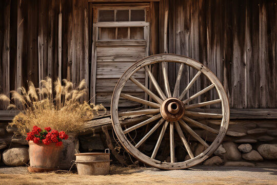 A vintage wooden wagon wheel leaning against the weathered wood of a rustic barn, evoking a sense of nostalgia and history