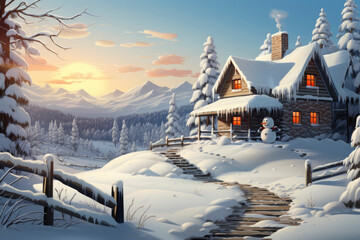 Snowman in a winter landscape with lots of snow in the middle of the day with pine trees and romantic house in the background