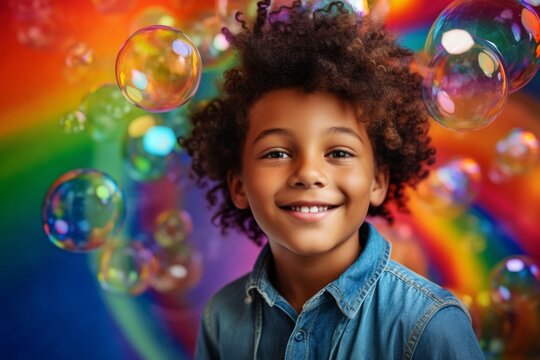 happy smiling african american child boy on colorful background with rainbow soap balloon with gradient
