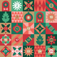 Advent calendar with christmas decorations and christmas trees in geometric modern style