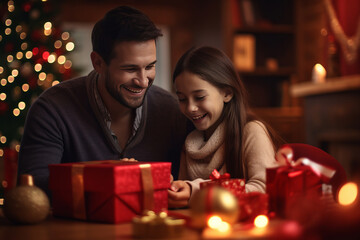 Father and Daughter Sharing Joyful Christmas Present Opening Moment