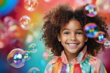 Fototapeta premium happy smiling african american child girl on colorful background with rainbow soap balloon with gradient