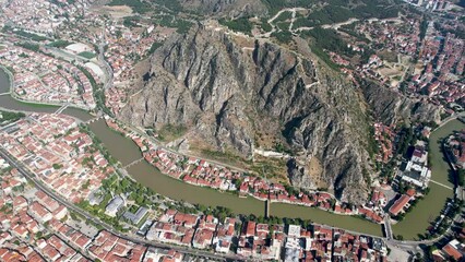 Aerial view of Amasya castle in Turkey.4K Footage in Turkey