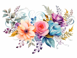 Beautiful colorful roses flowers arrangement illustration in style of watercolor on white background