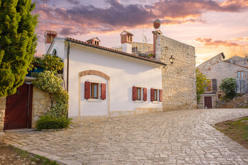 Street scene in old mediterranean town of Rovinj, Croatia.