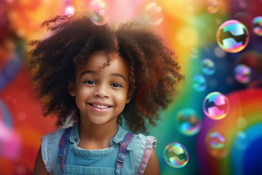 happy smiling african american child girl on colorful background with rainbow soap balloon with gradient - Powered by Adobe