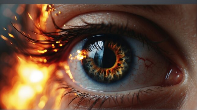 A macro image of the human eye. Fire. Fear. Shock.