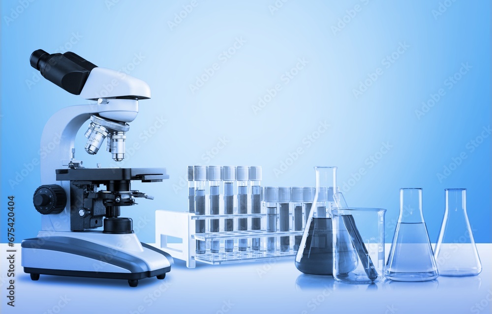 Poster Laboratory research background of instrument and microscope with glassware