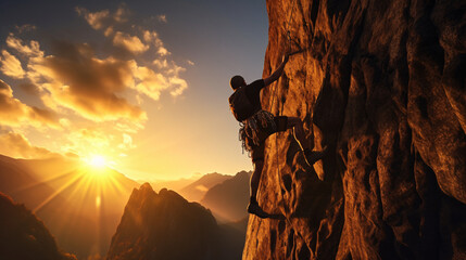 At sunset, one man climbs a mountain and climbs a rock wall. generative AI