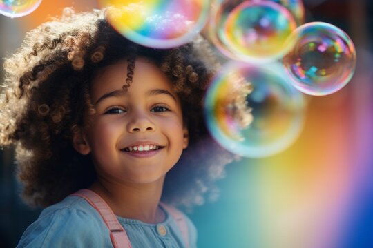 happy smiling african american child girl on colorful background with rainbow soap balloon with gradient
