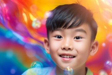 Obraz na płótnie Canvas happy smiling asian child boy on colorful background with rainbow soap balloon with gradient