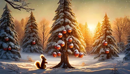 Fotobehang Squirrel in the snow at the foot of a christmas tree with red apples © Maxime