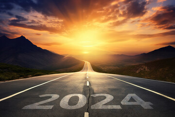 2024 New Year Beginning Concept: '2024' Written on a Road with Sunset Mountain Background. Beautiful Evening with Copy Space for Text, Banner, or Poster - obrazy, fototapety, plakaty