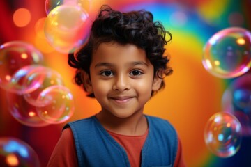 Fototapeta na wymiar happy indian child boy on colorful background with rainbow soap balloon with gradient