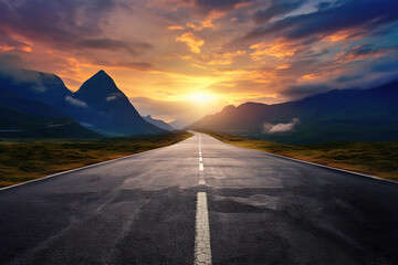 Straight Horizon Asphalt Road to Mountain with Beautiful Sunset Sky and Clouds. Scenic Evening Landscape with Copy Space for Text, Banner, or Poster