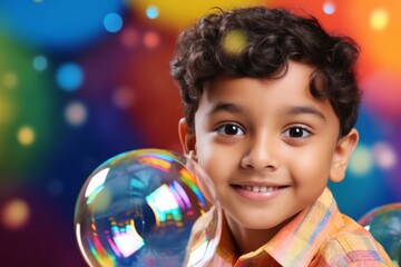 Fototapeta na wymiar happy smiling indian child boy on colorful background with rainbow soap balloon with gradient