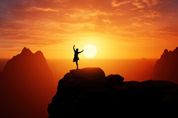 Silhouette of a Man Jumping at Sunset or Sunrise over a Cliff from Mountain Top