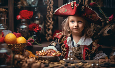 Pirate girl examines the found treasure with sweets and fruits. Playing to find lost treasures.