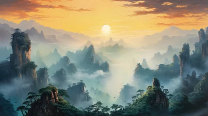Foto op Plexiglas illustration painting of Beautiful natural landscape of Zhangjiajie National Forest Park at sunset, Hunan Province, China. © ImagineDesign