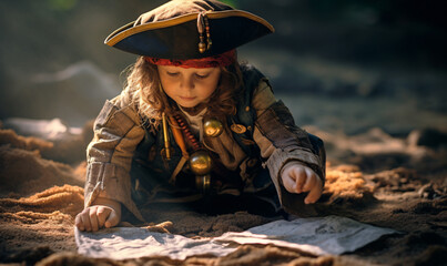 A little pirate has a map leading to the treasure and is looking for a lost treasure on the beach.