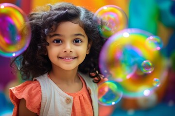 happy indian child girl on colorful background with rainbow soap balloon with gradient