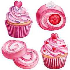 Pink cupcake painted in watercolor isolated on white background. Love sweet set. Valentine cupcake and dessert