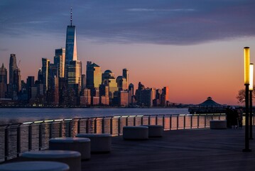 Aerial view of the stunning New York City skyline at sunset