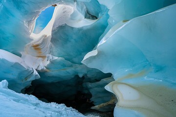 Entrance of a colossal ice cave, illuminated by natural sunlight.