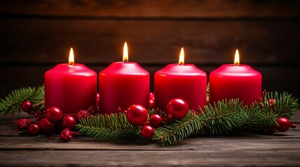 Fototapeta na wymiar Advent Candle Burning on Wreath for Festive Christmas Decor
