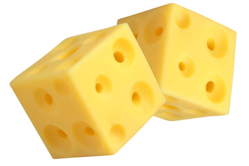 Two cubes of cheese with holes on an isolated white background.