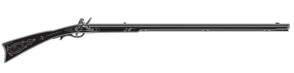Illustration of Traditional American flintlock long rifle Frontier. Black. Right side.