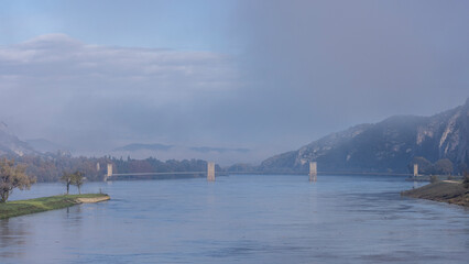 Robinet bridge over the Rhône on a foggy day Donzère, France