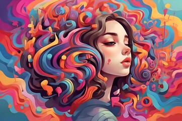 A colorful illustration of a girl hearing sounds hallucinations with vivid background. auditory hallucinations perceptual disturbance. schizophrenia. mental health conditions.