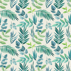 Tropical seamless pattern with leaves and flowers. Floral design for fabric, decor. Watercolor illustrations