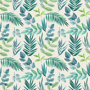 Tropical seamless pattern with leaves and flowers. Floral design for fabric, decor. Watercolor illustrations