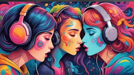 A colorful illustration of three girls wearing headphones hearing sounds and hallucinations on a vivid background. auditory hallucinations perceptual disturbance. schizophrenia. - obrazy, fototapety, plakaty