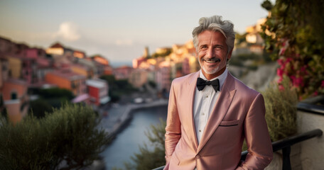 An adult, smiling, elegant man in a tuxedo poses against the backdrop of an Italian landscape.