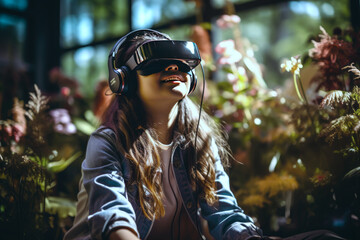 Girl student using modern tech devices in the library, a laptop and VR headset. Concepts of virtual reality experience in education - obrazy, fototapety, plakaty