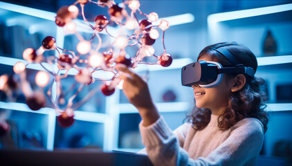 Girl using VR glasses learning molecular model chemistry science at home. Child Wearing Augmented Reality Headset and Using Controllers Interacts with 3D Molecule