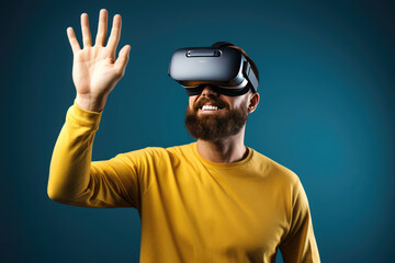 Bearded man is trying his VR headset in a studio over blue background